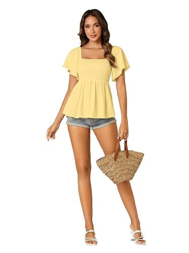 LYANER Women's Square Neck Cute Peplum Top | Ruffle Smocked Short Sleeve Ruched Flowy Casual Babydoll Blouse Top Shirts thumbnail 7