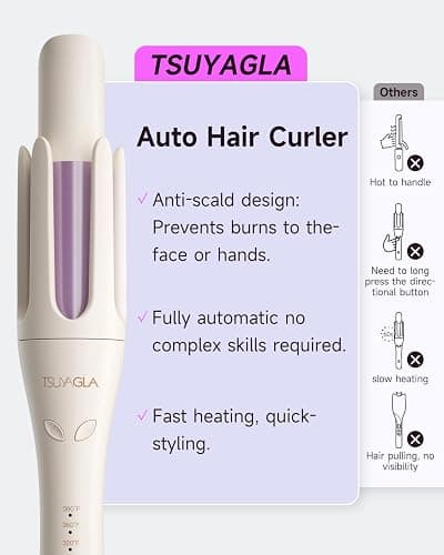 TSUYAGLA Automatic Hair Curler, 1 1/4 Inch Rotating Curling Iron with 3 Temp, 500 Million Ionic, 2-Way Rotation,10S Fast Heating, Anti-Scald, Anti-Tangle Rotating Curling Wand for Long Hair thumbnail 3