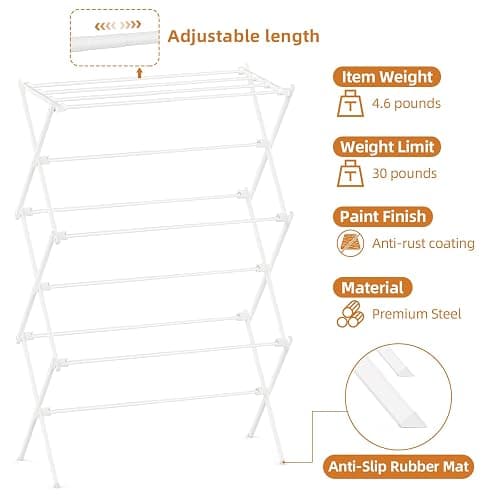 FILROUG Drying Rack Clothing, 3-Tier Clothes Drying Rack Foldable, Antirust Laundry Drying Rack Collapsible Use for Indoor & Outdoor, 11.8" D x 34.6" W x 35.4" H, White thumbnail 4