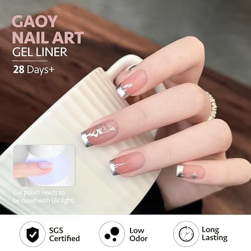 GAOY Metallic Silver Gel Nail Polish Art Liner, 8ml 3D Mirror Chrome Effect Color Nail Paint Design with Thin Brush, UV Light Cure for DIY Manicure at Home thumbnail 3