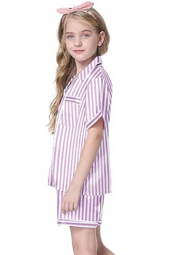 Schbbbta Girls Womens Pajamas, Satin Silky Pjs Set Kids 2Pcs Button-Down Nightwear Sleepwear Gift for Mommy and me thumbnail 3