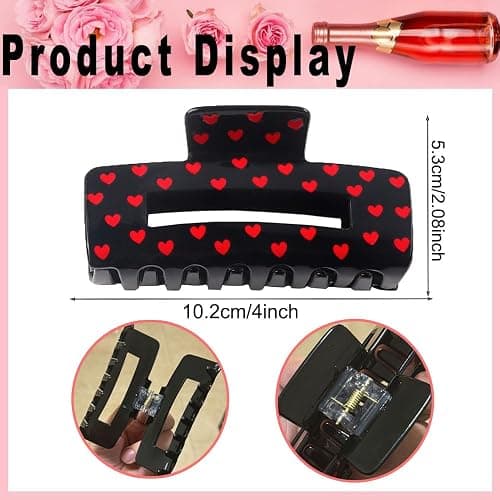 Valentine’s Day Hair Claw Clips for Thick or Thin Hairs, 1 Pack Black Red Heart Design Hair Clips No-Slip Claw Clips for Valentine’s Day Hair Accessories Acrylic Large Square Hair Jaw Clip for Women thumbnail 2
