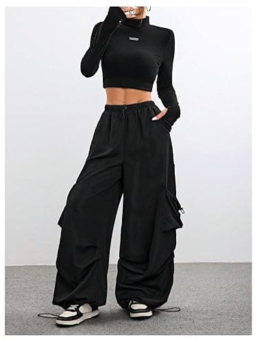 GORGLITTER Women's Parachute Baggy Cargo Pants Wide Leg Low Waisted Oversized Loose Drawstring Pants with Pockets thumbnail 5
