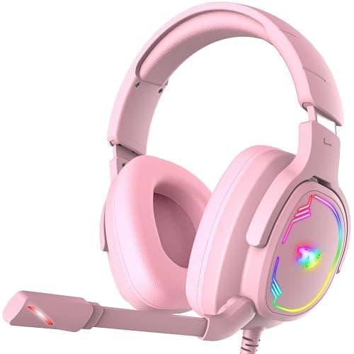 Jimonyer Gaming Headset for PC/PS4/PS5/Xbox One/Switch, Stereo Surround Sound Gaming Headphones with Noise Canceling Flexible Mic, Computer Headset with 3.5mm Jack & RGB Light (Pink) - Image 1