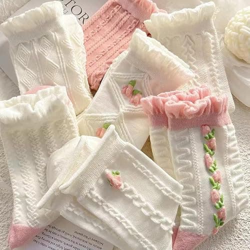 5 Pairs White Cute Socks, Women's Lace Ruffles Ankle Casual Sock, Cottagecore Breathable Mid Tube Socks, Floral Crew Socks thumbnail 2