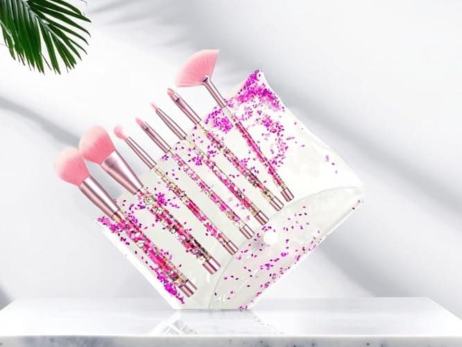 RAEEIKPHZ Sparkle Pink Makeup Brushes Set,Unicorn Glitter 7pc Foundation Blush Lip Nose Eyeshadow Eyebrow Loose Powder Fan Make Up Brushes Kit with Liquid for Kids Girls Teen Women Gift Present thumbnail 2