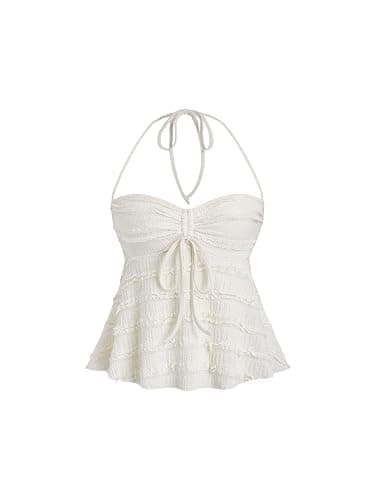 GORGLITTER Damen Crop Tops Y2K Spitzentop Neckholder Top Sommer Haltel-Top | Y2k Top, Top Mit Spitze Damen, Babydoll Top, Trägertop Damen, Halter Neck Top, Going Out Tops - Image 1