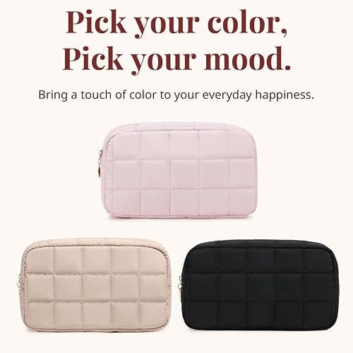 LOVELYWIND Makeup Bag for Women, Travel Cosmetic Bag Organizer with Compartments, Quilted Puffy Toiletry Pouch for Brushes, Essentials and Accessories, Pink thumbnail 3