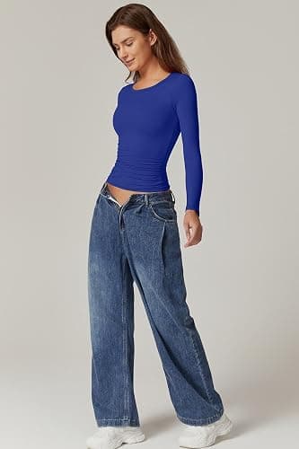 QINSEN Womens Crewneck Long Sleeve Shirt Double Lined Basic Tees Side Ruched Going Out Crop Tops thumbnail 3