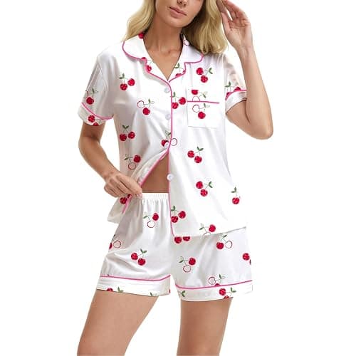 PUNINGXS Casual Women's Pajamas with Printed Short Sleeved Button Down Top and Shorts Pjs Loungewear Set thumbnail 3