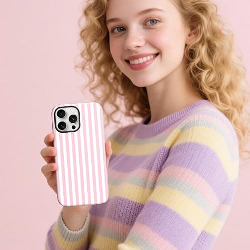 flewfun Magnetic for iPhone 16 Pro Case Cute Stripes Phone Case, Shockproof Slim TPU and Hard PC Protective Phone Cover Compatible with MagSafe Designed for Women Girls, Pink and White thumbnail 7