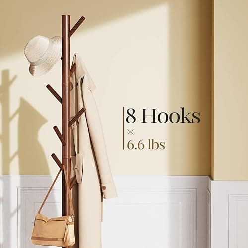 Pipishell Sturdy Wooden Coat Tree with 8 Hooks, 3 Adjustable Sizes for Clothes, Hat Stand Used in Bedroom/Office/Entryway, Brown thumbnail 2