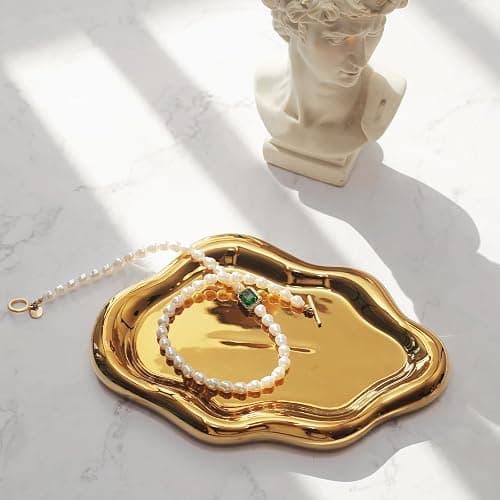 MDFAYE Jewelry Dish Trinket Tray for Women, Ring Dish Holder, Unique Cloud Shape Ceramic Plate Cute Things Vanity Aesthetic Room Decor Mother's Day Birthday (Gold) thumbnail 5