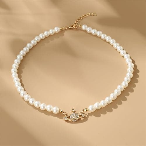 Pearl Saturn Necklace for Women Rhinestone Planet Choker Artificial Pearl Necklace Birthday Party Anniversary Ladies' Wedding Charm Jewelry Gift thumbnail 6