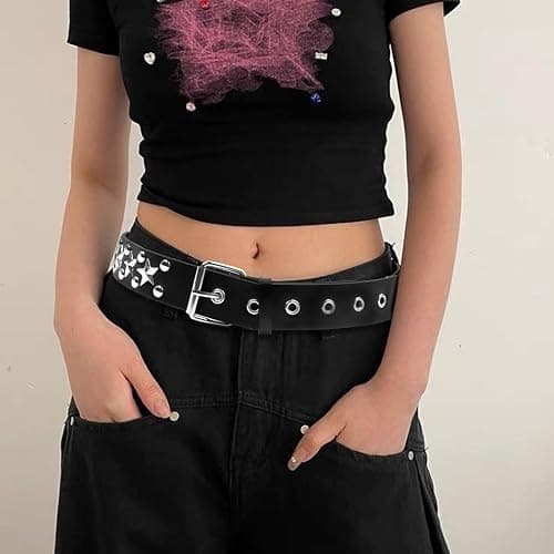 AEXHOT 3 Pcs Black Studded Belt Y2K Belt Star Gothic Punk Rock Belts with Grommet Threads Bright Metal Pyramid for Women Men thumbnail 5