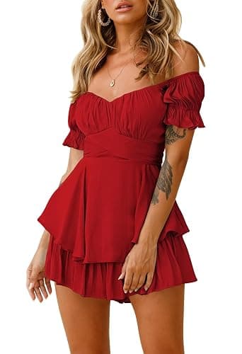 Fixmatti Women Boho Romper Off Shoulder Ruffle Chiffon Shorts Jumpsuit Playsuits - Image 1