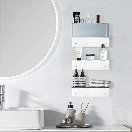 luium 9 Inch Clear Acrylic Floating Shelf, No Drill Adhesive Wall Shelf Set of 2 for Storage, Floating Shelves Damage-Free Expand Wall Space for Living Room, Office, Gaming Room, Bathroom thumbnail 2