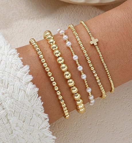 Gold Beaded Bracelets for Women, 14K Real Gold Plated Jewelry for Women Dainty Pearl Bead Bracelets Stack, Non Tarnish Trendy Stackable Ball Cross Stretch Bracelet Set Fashion Accessories Gifts for Women - Gold cross bead thumbnail 4