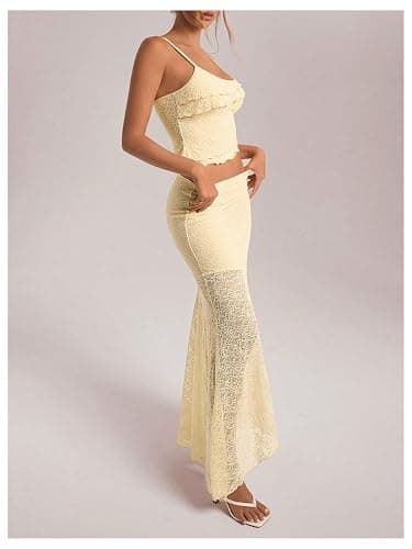 PRSFPN Women's 2 Piece Outfits Ruffled Cami Crop Top & Flowy Maxi Skirt Boho Chic Sets thumbnail 3