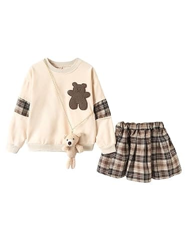 OYOANGLE Girl's 3 Piece Outfits Fall Winter Plaid Skirt Outfits Cute Preppy Sweatshirt Top and Plaid Skirts and Bag Sets - Image 1