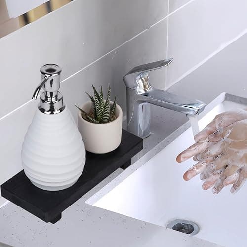 zoocatia Small Wood Tray Pedestal Stand Farmhouse Bathroom Decor Decorative Wooden Riser Kitchen Soap Dish Holder for Vanity, Counter, Sink, Black thumbnail 2