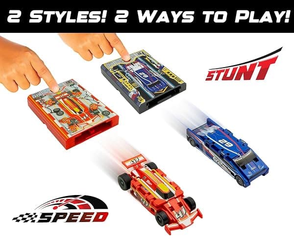 FLAT 2 FAST Original Stunt Card Racer – Flat Car Racer and Pocket Size Racecar Launcher with Built-in Button for Stunt Launching and Racing – Compact – Blue thumbnail 3