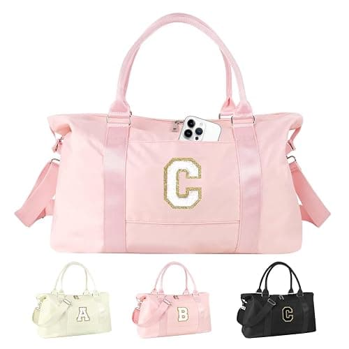 Birthday Gifts for Daughter,Initial Travel Duffel Bag for Teen Girls,Personalized Weekender Bag Cute Overnight Carry on Duffle Bags for Girl Women Gifts with Adjustable Strap(pink-C) - pink-chenille - letter-C - Image 1