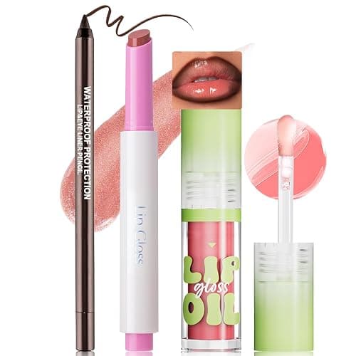 Wugbc Nourishing Lip Gloss Set with Brown Lip Liner, Hydrating Lip Kit Nude Pink Lipstick for Women Matte Lip Liner Pencil Moisturizing Lightweight Non Sticky Tinted Lip Click Balm Makeup - Image 1