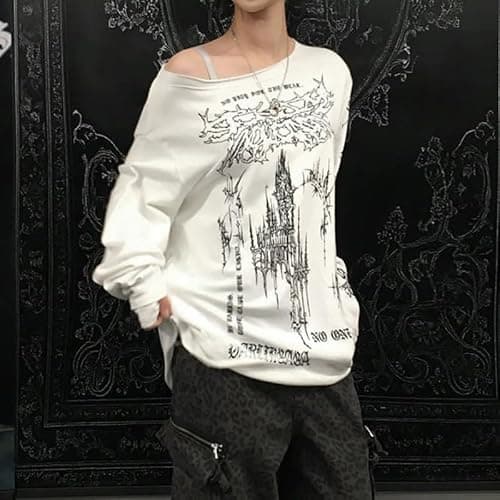 Women's Y2K Retro Printed Slanted Shoulder top, Loose and Slimming, Casual and Versatile Long Sleeved T-Shirt thumbnail 3