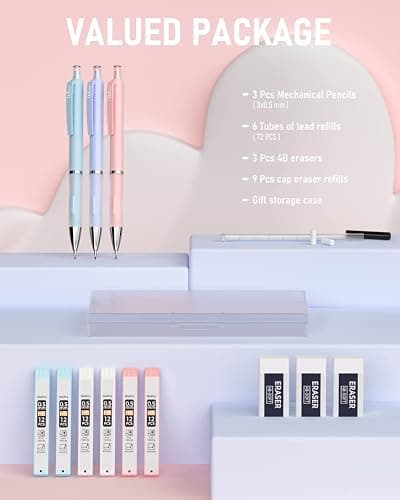 Nicpro 3PCS Pastel Mechanical Pencil Set with Case, 0.5 mm Cute Pencils with 6 Tube HB Lead Refill, 3PCS Eraser, Eraser Refill for Stationery School Supplies Student Writing Drafting Drawing Sketching thumbnail 7