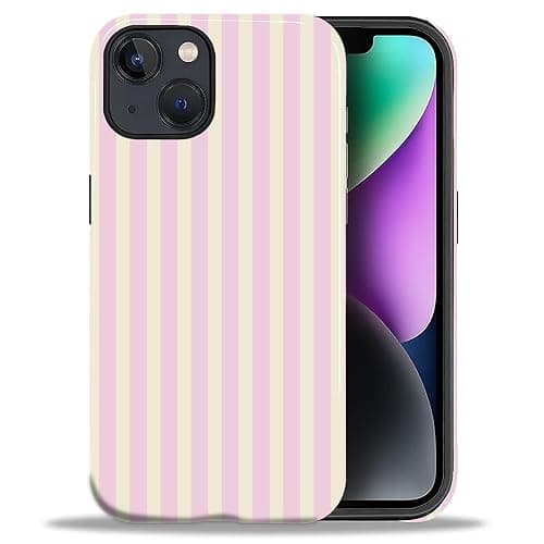 Case for iPhone 14 Plus,Durable Drop Protection Shockproof Silicone + Hard PC 2 in 1 Hybrid Protective Cover with Stylish Pattern Design Cute Striped Aesthetic Yellow Pink - Image 1