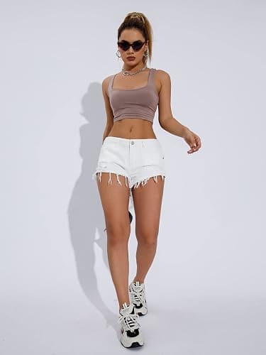 WDIRARA Women's Low Waist Button Ripped Raw Hem Denim Shorts with Pockets thumbnail 5