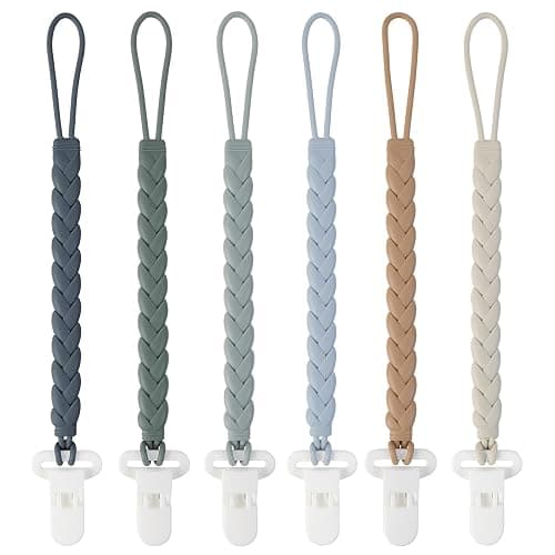 6-Pack Silicone Pacifier Clips with a Woven Rope Shape for Baby Boys and Girls - Flexible and Rust-Free Holders for Teething Relief and Baby Essentials, Safe for Newborns (Grey) - Image 1