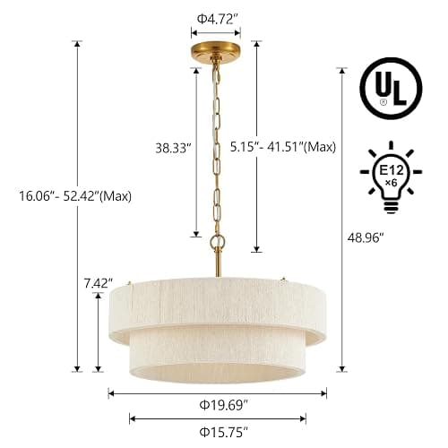 ELYCCUPA 20”Hand Woven Rattan Chandelier Boho Pendant Light Adjustable Coastal Pendant Light for Kitchen Island Dining Living Room, White, UL Listed thumbnail 5