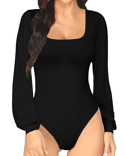 MANGOPOP Square Neck Puff Sleeve Bodysuit Loose Lantern Long Sleeve Body Suit for Women for Going Out thumbnail 2
