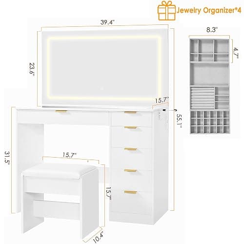 ANWBROAD 39" Makeup Vanity Desk with Mirror and Lights with 6 Drawers and Charging Station Girls Vanity with Glass Top,3 Color Modes Adjustable,White for Bedroom UBDT79A thumbnail 2