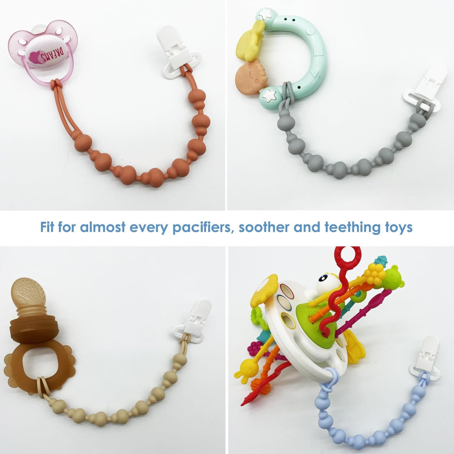 4 Pack Silicone Pacifier Clips, One Piece Beads Gourd Design Teething Pacifier Holder Clip, Neutral Baby Paci Dummy Clips Boys & Girls, Binky Clips Pacifier Straps Chain for Toys Teethers thumbnail 7