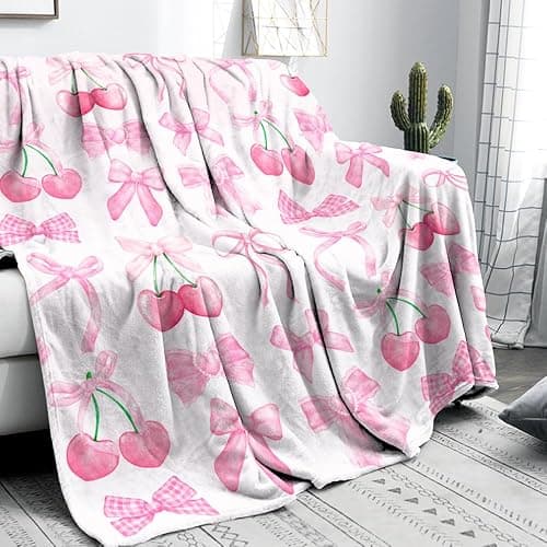Reateforin Pink Cherry Bow Throw Blanket Back to School Decorations Soft Dorm Room Essentials Gifts for Students Girls Boys Lightweight Coquette Bow Cherry Aesthetic Blanket for Couch Sofa Bed 50"x60" thumbnail 4