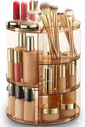 Masirs 360 Rotating Makeup Organizer - Adjustable Shelf Height and Fully Rotatable - The Perfect Round Spinning Cosmetic Organizer for Bedroom Dresser or Vanity Countertop Storage (Brown) - Image 1
