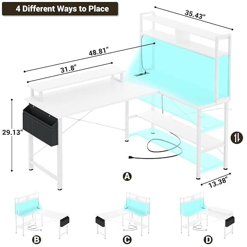 Aheaplus L Shaped Gaming Desk with Power Outlets & LED Lights, Small L- Shaped Desk Computer Corner Desk with Monitor Stand & Storage Shelf, Home Office Desk Writing Desk with Storage Bag, White thumbnail 2