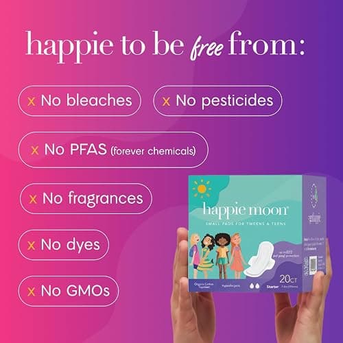 Happie Moon Organic Cotton Cover Tween & Teen Period Pads | Ultra Thin Pads with Wings | Chlorine-Free & Fragrance-Free | Starter Size, 20 Count thumbnail 5