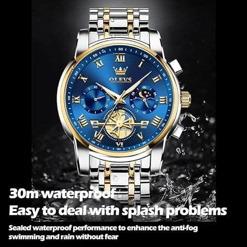 OLEVS Mens Watches Waterproof Stainless Steel Adjustable Bracelet Watch Quartz Analog Watch for Men Fashion Business Classic Mens's Wrist watch's Casual Watches Gold/Blue/Black/White/Face/Dial thumbnail 4