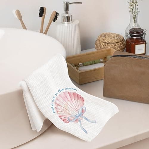 Fyecoluo Pink and Blue Beach Seashell Kitchen Towels Decorative, Preppy Coastal Ocean Striped Dish Hand Tea Towels, Coastal Beach Kitchen Bathroom Decor, 16x24 Inch Set of 2 thumbnail 5