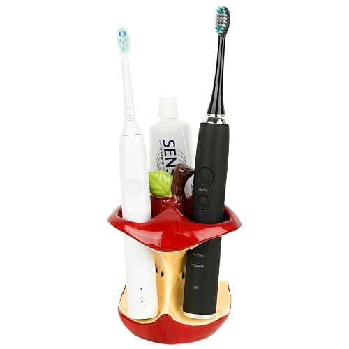 DODAMOUR Ceramic Apple Toothbrush Holder, 3 Slot Bathroom Organizer, Cute Apple Core Design Countertop Accessory, Glazed Vanity Stand Fits Slim Electric Brushes (Red) - Image 1
