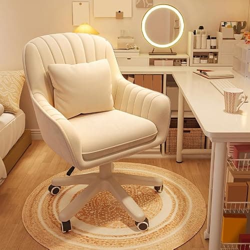 XUEGW Home Office Chair Computer Chair with Mid-Back Upholstered Modern Tufted Computer Task Chair Swivel Height Adjustable Velvet Accent Chair（White）. - Image 1