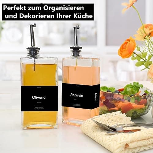 BIKALAN Ölflasche mit Ausgießer, Kaffee Sirup Spender Glas Set, Olivenöl Flasche Set, 500ML Ölspender Glas, Oil Dispenser Sirup Pumpspender mit 40 Aufkleber, Trichter (Schwarz, 500 Milliliter) thumbnail 9