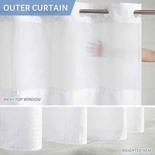 Furlinic Waffle Weave No Hook Shower Curtain with Snap in Fabric Liner Set,Heavy Duty Textured Bathroom Curtain with See Through Window,Waterproof & Machine Washable,Hotel Style,White,71x72 Inch thumbnail 3