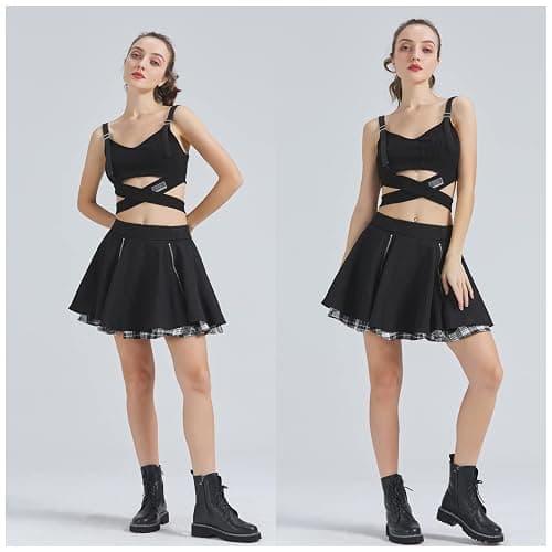 Kisidoo Gothic Skirts Cute High Elastic Waisted Plaid Kilts for Women Trendy Hem Flared Knee Length Mini Skater Skirt thumbnail 2