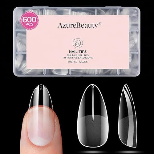 Medium Almond Nail Tips, 600pcs Soft Gel Nail Tips Pre Etched 15 Sizes | Half Matte Full Cover Acrylic Fake Nails, Clear Press On Nail Extensions for DIY Manicure at Home Nail Art - Image 1