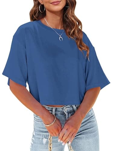 Tankaneo Womens Summer Crop Tops Half Sleeve Casual Cropped T-Shirts | Drop Shoulder, Round Neck, Cropped Tops, Solid Color, Basic Tees, Short Sleeve, Cute, Workout - Image 1